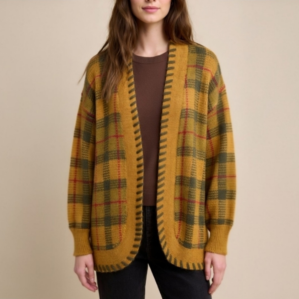 Mustard Plaid Open-Front Women's Sweater Cardigan Wool Mohair